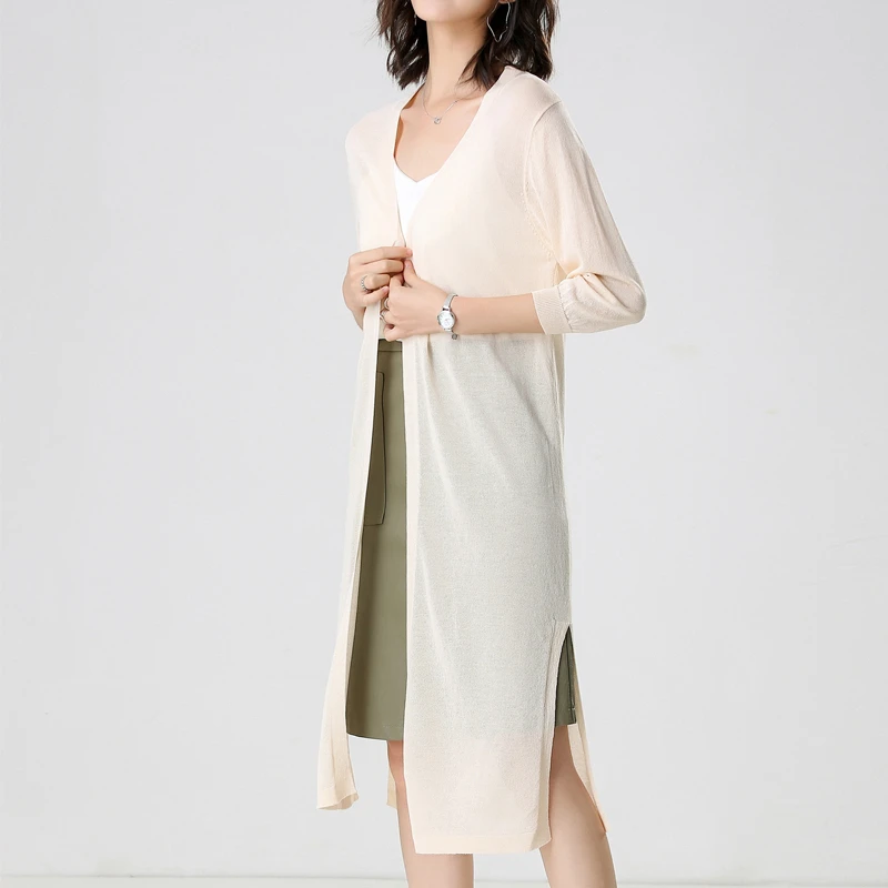

Silk Summer Cardigan Women Long Sleeve Thin Section Outside Linen Knitted Sweater Loose Brand Cardigans Sun Protection Clothing