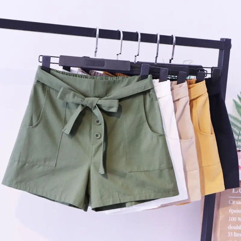 

Women Summer High Waist Wide Leg Cargo Shorts Lady Lace Up Bow Tie Solid Color Loose Three Buttons Shorts With Large Pocket