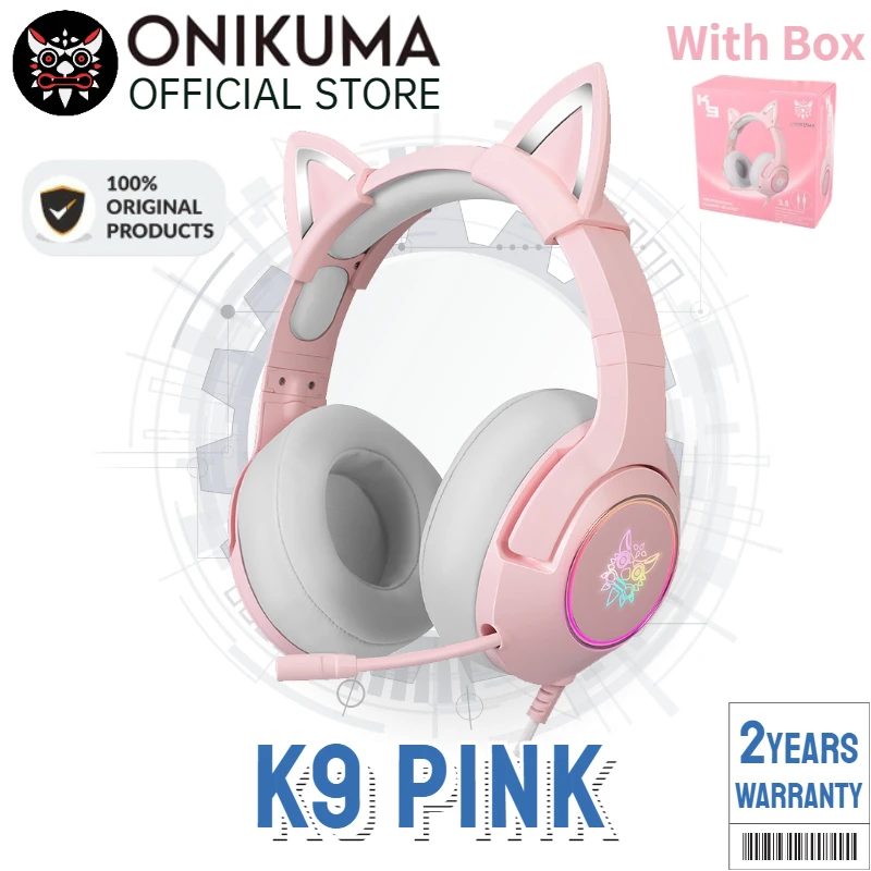 （Original Box）Onikuma K9 Pink Cute Cat Ear Headphone with Mic Gaming Headset and Noise Cancelling with Led Light