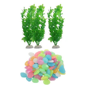 

3 Pcs 10.6 inch Height Green Plastic Artificial Plants & 100Pcs Glow in The Dark Stones Pebbles Rock Aquarium Fish Tank