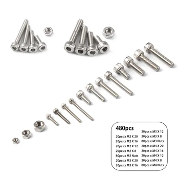 

480PCS M2 M3 M4 304 Stainless Steel Cylinder Head Hex Socket Head Cap Screws Nut Assorted Kit