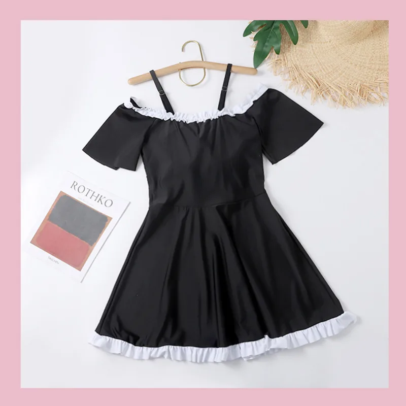 Swim Suit Women Swimwear Ruffle Swimsuit Black Off-shoulder Plus Size 2XL-5XL Bathing Suit Beach Ladies Large Size Swimdress