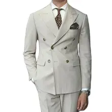 

Latest Tailored Beige Peak Lapel Double Breasted Suits For Man 2 Pieces Formal Office Handsome Slim Fit Wear(Jacket+Pants)