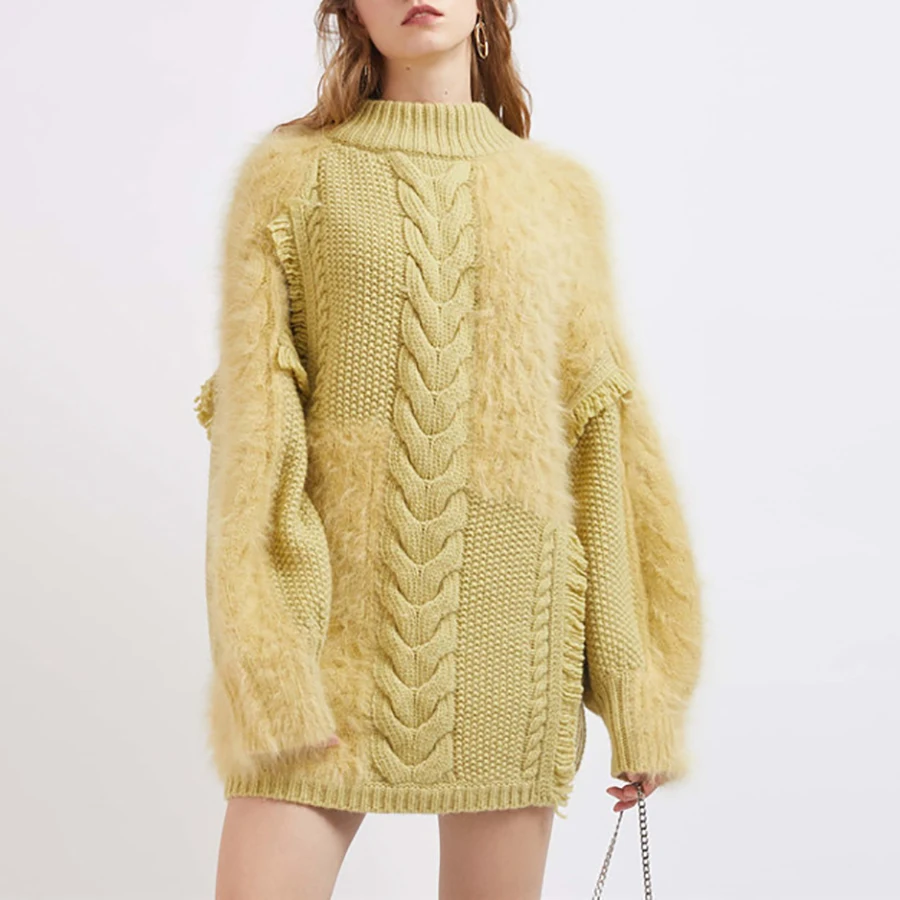 

2019 Autumn Winter Solid Yellow Thick Women Sweater Patchwork Cirss-cross Pattern Long Style Knitting Pullover Sweater