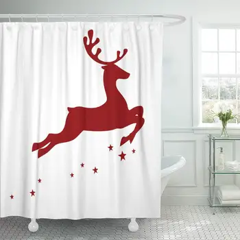 

Shower Curtain Set Waterproof Adjustable Polyester Fabric Christmas of Red Reindeer Deer Silhouette 72 x 72 Inches Set with