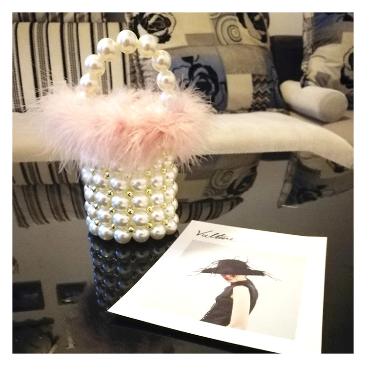 Вечерняя сумочка-клатч из искусственного меха с жемчужинами Женская Ретро ручной работы с жемчужными бусинами розовая маленькая сумка-ведро Дамский прозрачный кошелек сумка