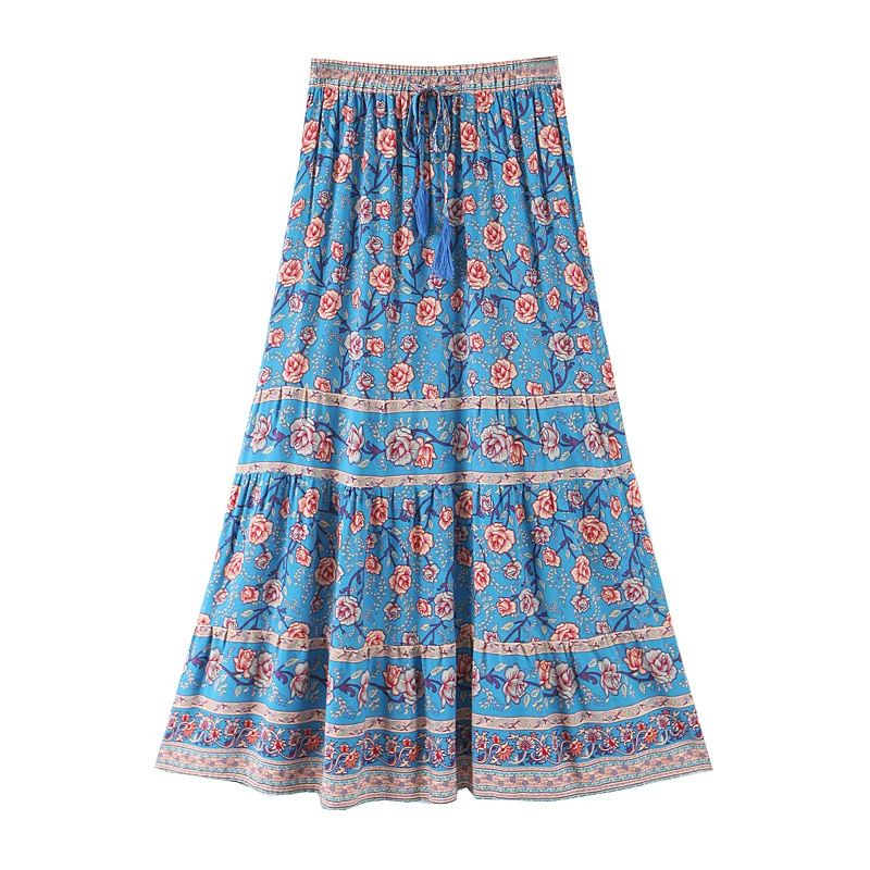 Летняя мода Boho шикарная Женская пляжная богемная юбка с цветочным принтом высокая эластичная талия вискоза А-силуэт Boho макси юбки Femme