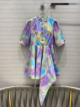 

Women Mini Dress High-end Luxury Brand 2020 Summer Sweet Fashion Gradient Smudged Short Puff Sleeve O-neck Irregular Dresses New