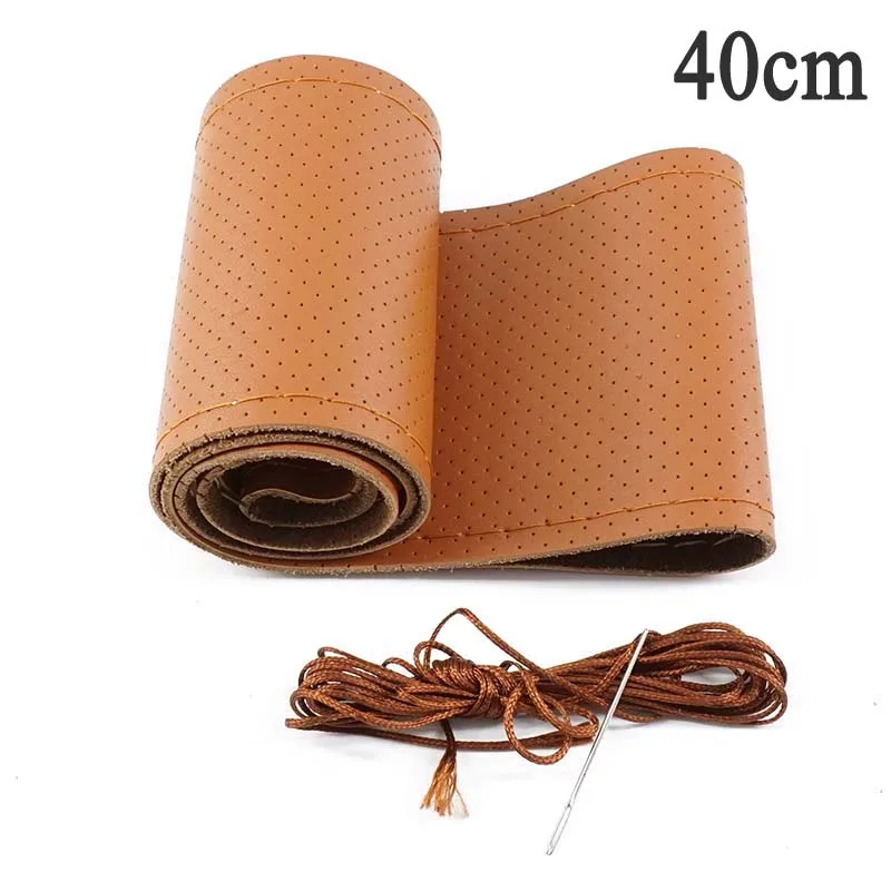 Brown 40cm 40 см DIY натуральная кожа чехол рулевого колеса автомобиля мягкая Нескользящая воловья оплетка с иглами нить Авто Модификация аксессуары - Название цвета: Brown 40cm