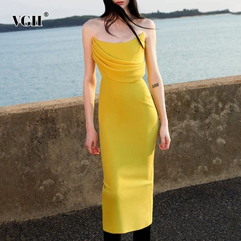 

VGH Asymmetric Dress For Women Strapless Sleeveless Off Shouder Ruched High Waist Backless Split Dresses Female 2020 Summer New