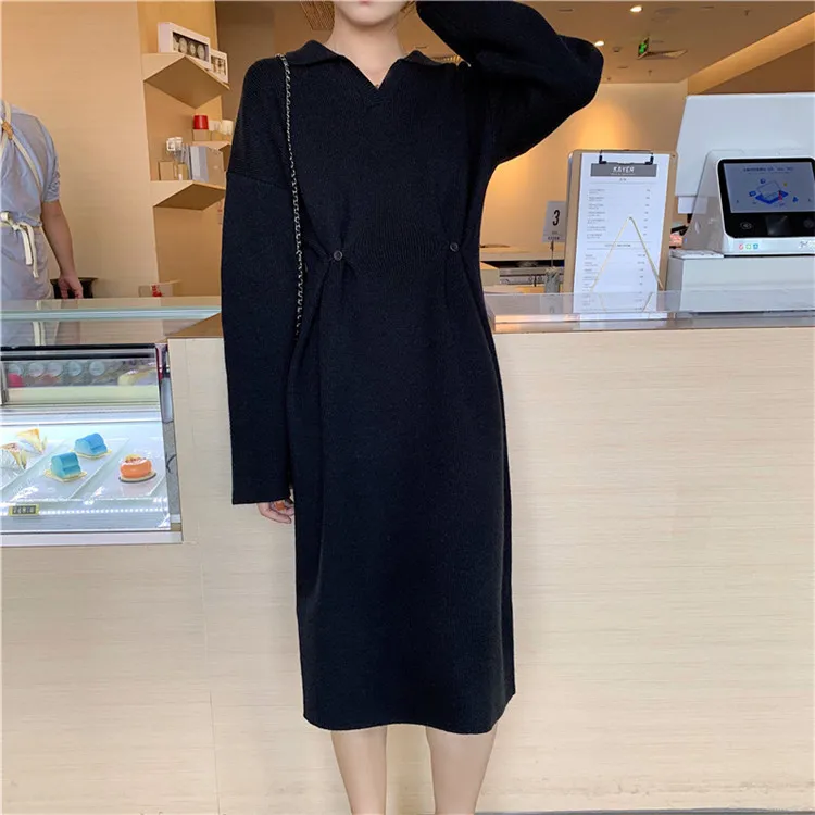

Hui cai [2201] Laziness-Style Jersey Dress Women's Korean-style Loose-Fit Button Slimming Mid-length Dress Sweater