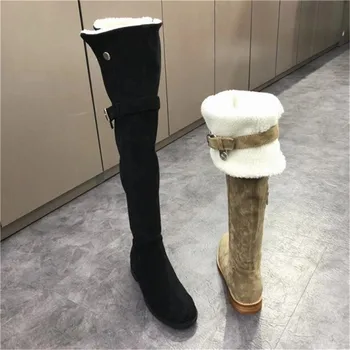 

PXELENA Kid Suede+Flock Over The Knee Boots Women Buckle Lamb Low Heels Thigh High Boots Winter Warm Comfort Shoes Plus Size 43
