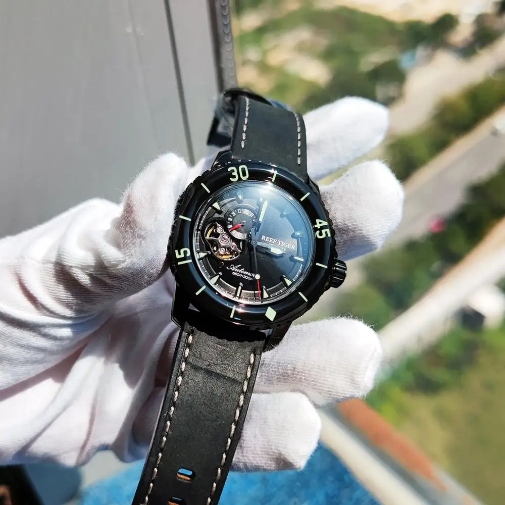Часы Reef Tiger/RT черные автоматические водонепроницаемые 200 м с нейлоновым ремешком