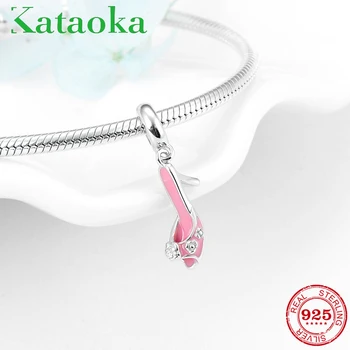 

Real 925 Sterling Silver Pink Rose Enamel high Heel shoes for DIY Bracelets Bangles Fit Original Kataoka Charm Bracelet Jewelry