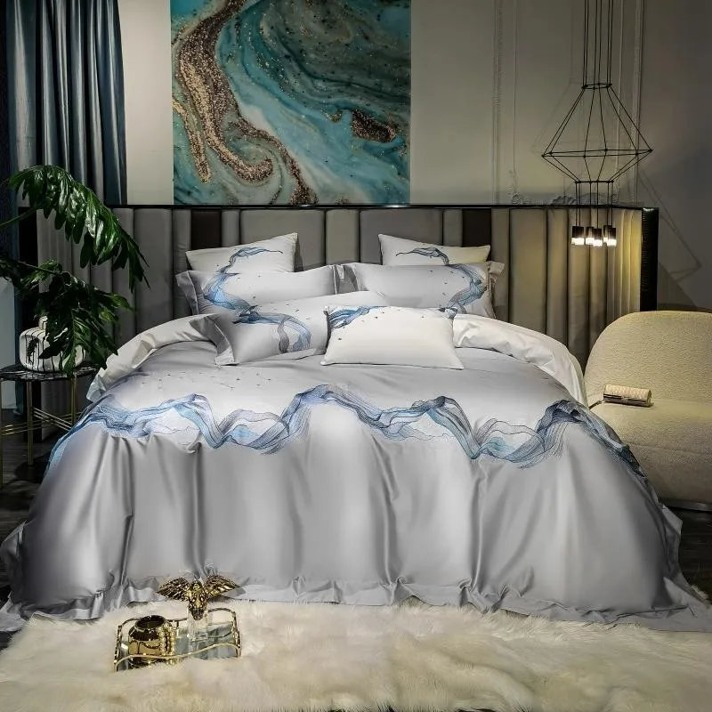 

Chic Delicate Emboidery Abstract Art White Gray Duvet Cover 4Pcs 1000TC 100%Cotton Premium Bedding Fitted/Flat Sheet Pillowcases