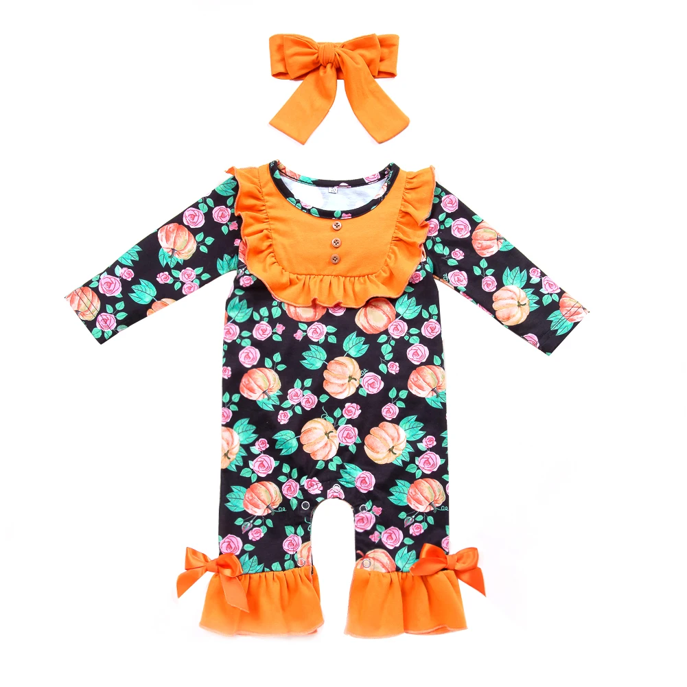 

Newborn Baby Girls Halloween Pumpkin Set Romper Clothes Floral Print Long Sleeve Romper Jumpsuit Headband 2pcs Outfit