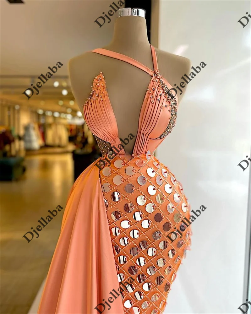 Sexy Halter Train Formal Prom Dress Strapless Satin Sequined Mermaid Evening Gowns Backless Dresses For Women Party long evening dress