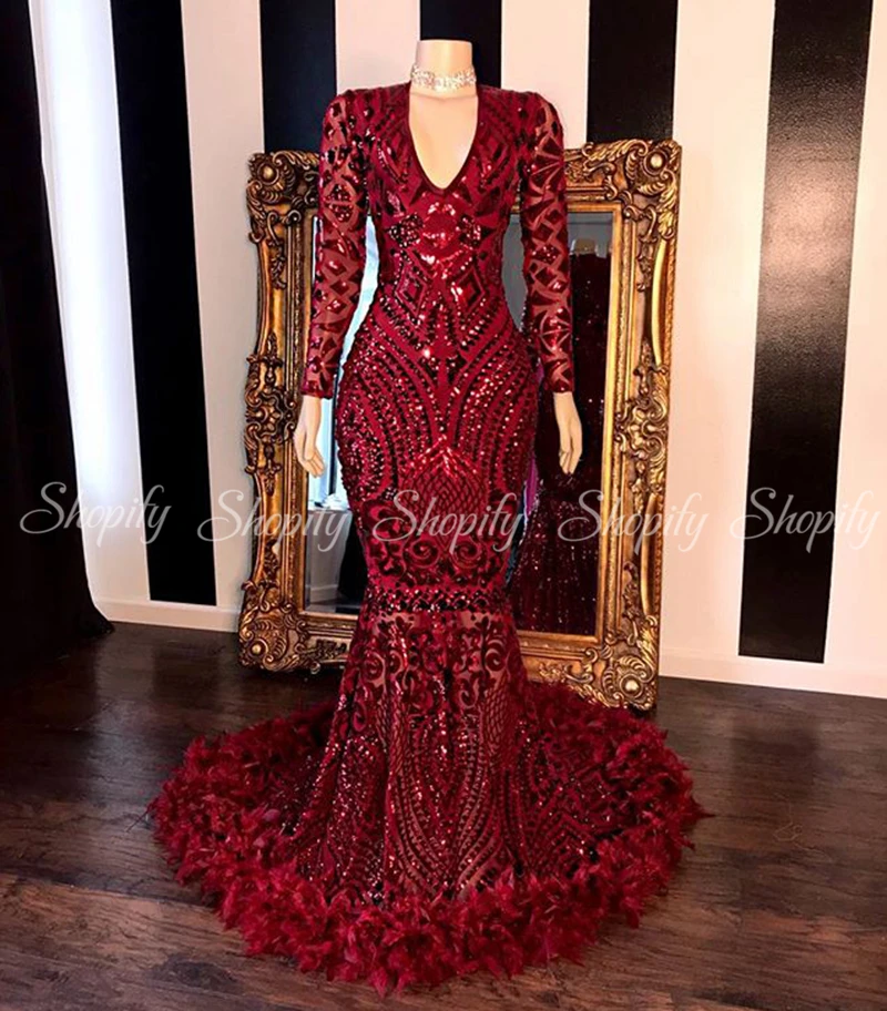 Long Mermaid Prom Dresses Elegant V-neck Burgundy Feather and Sequin African Black Girl Prom Dress