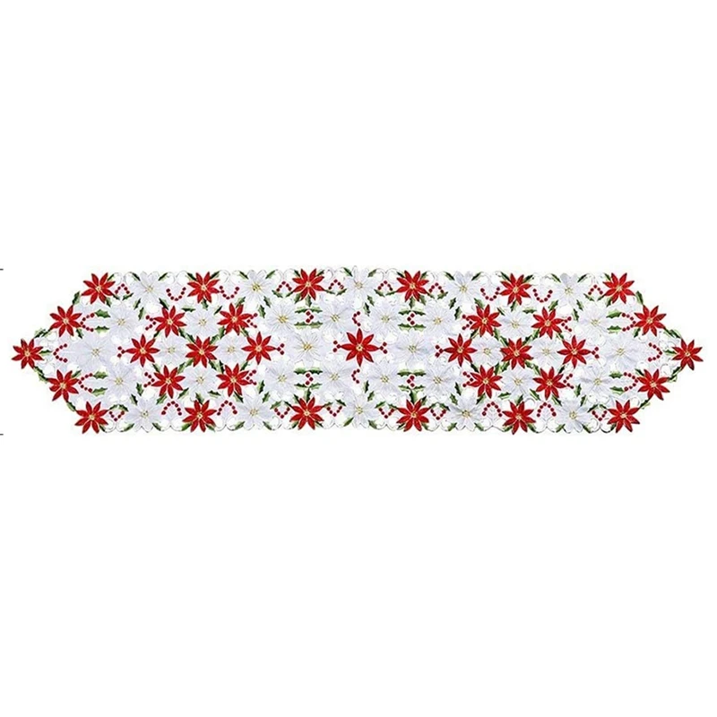 Рождественская вышитая настольная дорожка роскошная Holly Poinsettia для