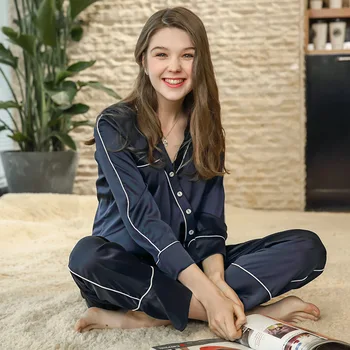 

spring new silk pajamas long sleeved pants household two sleepwear wholesale Pyjama Trousers Lounge Nighties Sleepwear