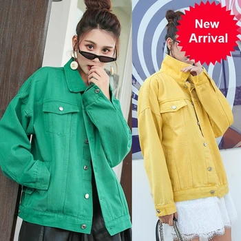 

High Flectit 2020 Quality Candy Colored Denim Jacket Women Oversize Long Sleeve with Lapel Pocket Loose-Fit Female Jeans Jackets
