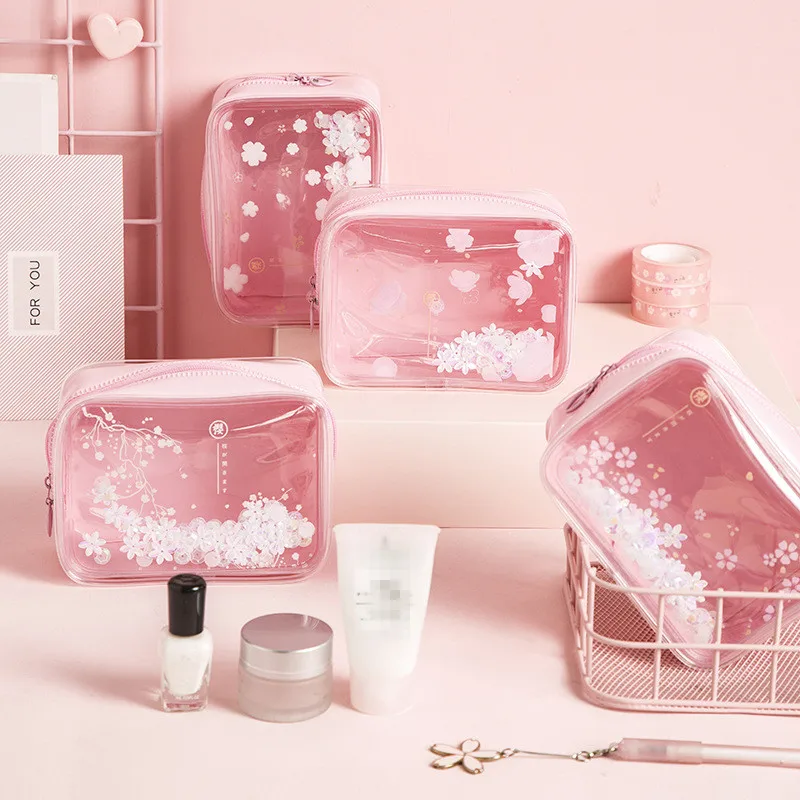 

PACGOTH New Fashion PVC Pink Cherry Blossom Sequin Cosmetic Bag Sweet Women Zipper Make Up Organizer Storage Pouch Toiletry, 1PC