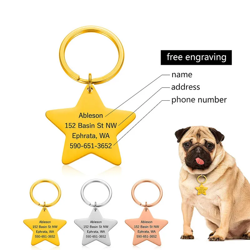 

Anti-lost Pet ID Tags for Cats and Dogs Personalized Dog ID Tags Pentagram Collar Accessories Dog Tag Engraved Tel Sex Name Tag