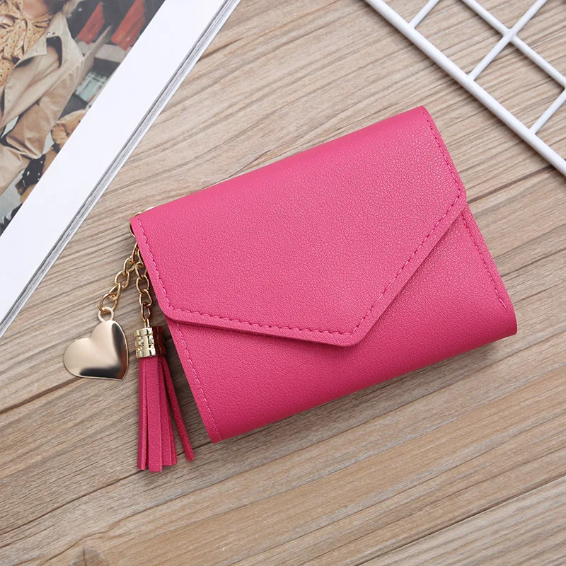 Las mujeres monedero lindo estudiante borla colgante de corazón corta billetera pequeña cartera de moda de PU 2020 monedero de la tarjeta de las señoras bolso para las mujeres