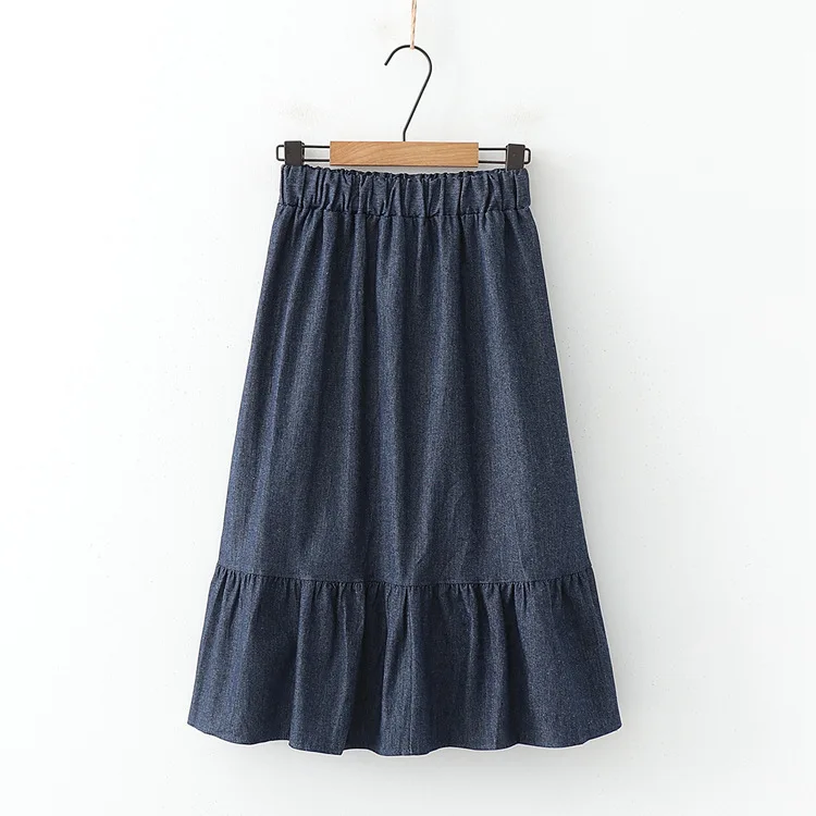 Navy blue Merry Pretty джинсовые женские плиссированные юбки в стиле пэчворк Осенние эластичные свободные юбки до колена с поясом на талии - Цвет: Navy blue
