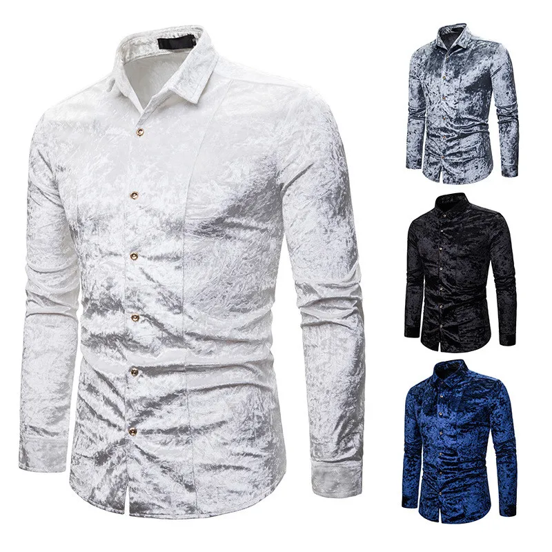 HuLooXuJi/осенне-зимние мужские велюровые рубашки с отворотами; винтажные однотонные Дизайнерские блузы с длинными рукавами; размеры США: S-2XL