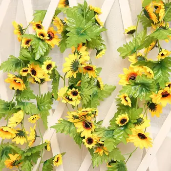 

230cm Fake Silk Sun Flower Ivy Vine Yellow Artificial Hanging Leaves Green Garden Rattan Home Garland Decoration Fences Wed X8Z4