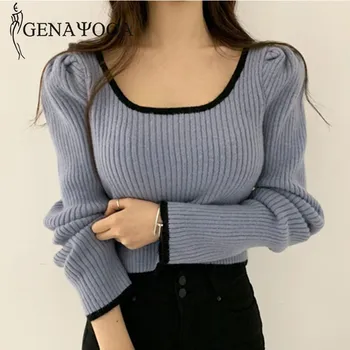 

Genayooa Slim Sweater Women 2020 Puff Sleeve Square Collar Knitted Jumper Ladies Vintage Pullover Sweater Women Korean Fashion