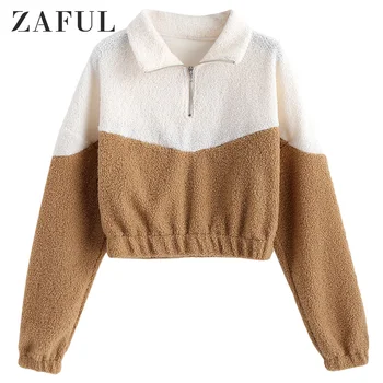 

Zaful Colorblock Patchwork Women Causal Coat Winter Lapel Long Sleeve Femme Pullovers Half Zipper Plush Teddy Female Hoodie Tops