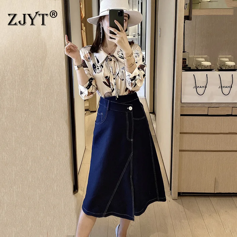 

2020 New Spring Designer Runway Set Women Fashion Long Sleeve Animal Print Beading Blouse and Denim Skirt Suit 2Piece Sets