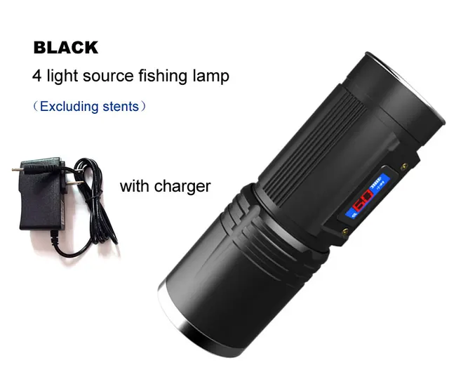 Ultra Bright Eagle Eye Zoom LED Light for Fish 18650 Waterproof Blue White Yellow Purple Flashlight Torch Digital Power Display black