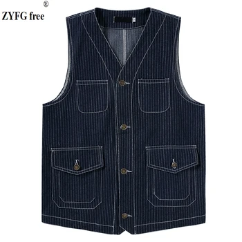 

New style men outside wear vest mens fashion casual spring vest Multi-pocket design Vest Tops Striped pattern EU plus size