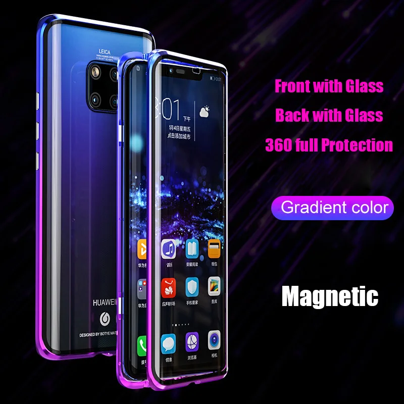 Для huawei mate 20 Pro Магнитный чехол передний+ задний двухсторонний чехол из закаленного стекла для huawei P30 Pro градиентный металлический бампер чехол