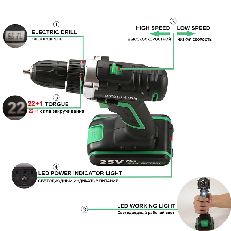 25V 1600rpm Electric Drill Cordless Drill Electric Tool Wood Cutters For A Drill Dual Speed EU Plug By Tool Bag For Home DIY (7)