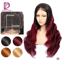 Racily волосы 4x4 закрытие парик с эффектом деграде(переход от темного к парики из человеческих волос парики для чернокожих Для женщин темно-красного цвета, несекущиеся бразильские волнистые волосы, для придания объема, парик