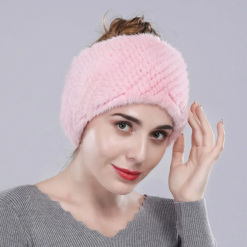 Light Pink Настоящее Норковое меховое оголовье Snood Женское зимнее теплое кольцо шарф шейный платок ручной работы эластичное плотное плетение пушистое мягкое 20 цветов - Цвет: Light Pink