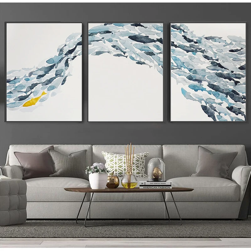 Yumeart Nordic Simple Abstract Blue Cluster of Fish Posters&amp Prints Wall Painting Canvas Art Decorative Picture for Living Rocor | Дом и