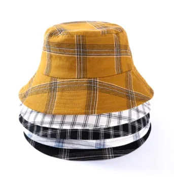 

Summer adult women casual cotton Plaid print bucket hat Floppy large brim Panama cap Sun hat Fisherman cap