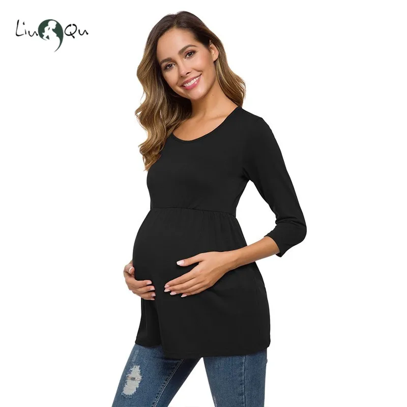

Maternity 3 Quarter Sleeve Blouses Maternity Clothes Pregnancy Shirt Womens Clothing Round Neck Solid Color Women Pregnant Top