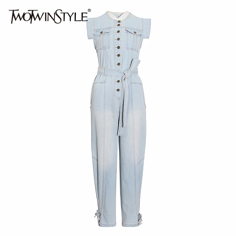 TWOTWINSTYLE Casual Denim Women Jumpsuit O Neck Sleeveless High Waist Lace Up Bowknot Long Loose Jumpsuits Female Fashion New TWOTWINSTYLE Casual Denim Women Jumpsuit O Neck Sleeveless High Waist Lace Up Bowknot Long Loose Jumpsuits Female Fashion New