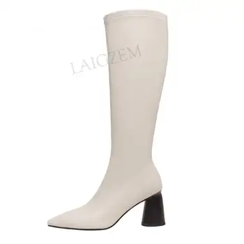 

LAIGZEM FASHION Women Knee High Boots Zip Up 7CM Block Heels Boots Stretchy Autumn Winter Ladies Shoes Woman Big Size 33 41 43