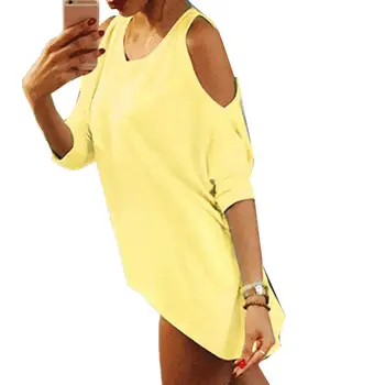 

Chic Lady Solid Color O Neck Cold Shoulder Asymmetric Casual Loose Long Blouse