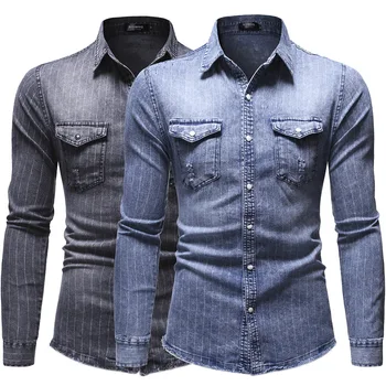 

2020 Autumn & Winter New Arrival European And American Striped Denim Shirt Cowboy Pointed Collar Loose Shirt Free Shipping