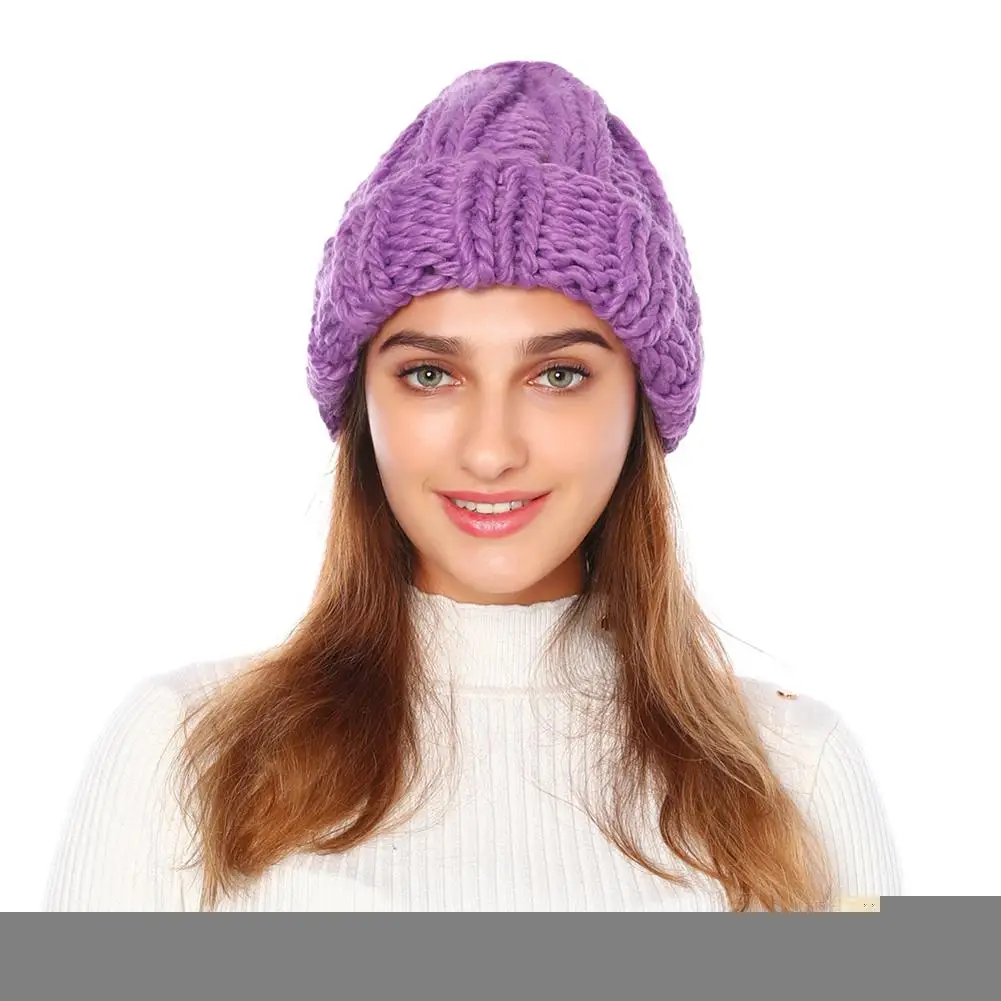 Purple MISS M, женские зимние вязаные шапочки, шапка, толстая, мягкая, теплая, крупная, вязаная, одноцветная шапка, женская, для катания на лыжах, шапочки, шапка, шапка - Цвет: Purple