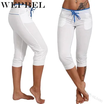 

WEPBEL Spring Summer Mid Waist Sexy Leggings Pants Women Capris Sports Knee Length Elastic Waist Trousers Drawstring Sweatpants