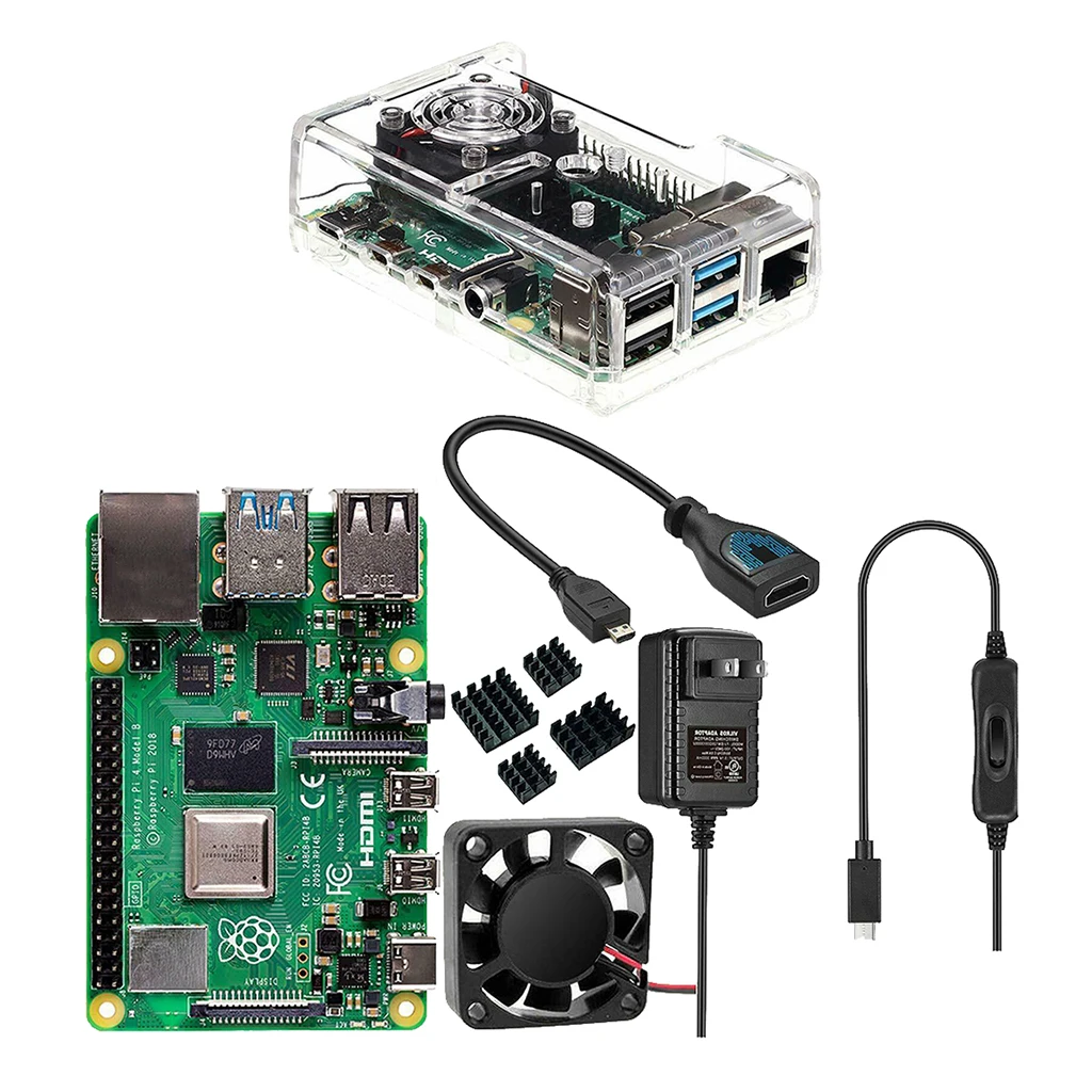 Raspberry Pi 4 Model B 4GB RAM + Case + Fan + Heat Sink + Power Adapter + Micro HDMI Cable for RPI 4B